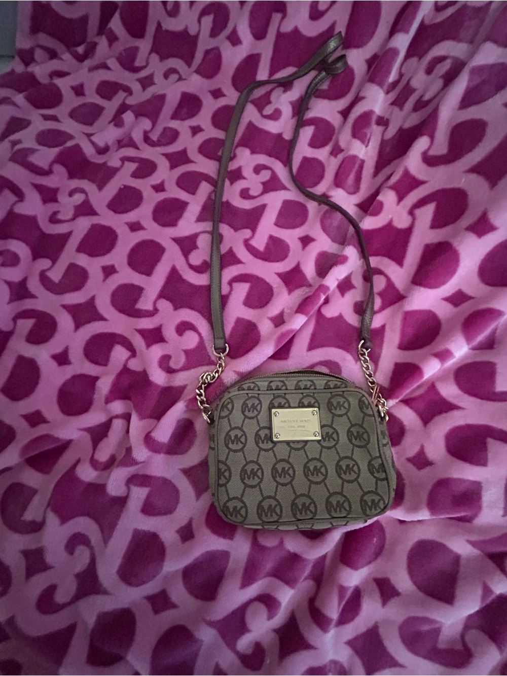 Michael Kors Brown/Gray MK Logo Crossbody with Gold Hardware